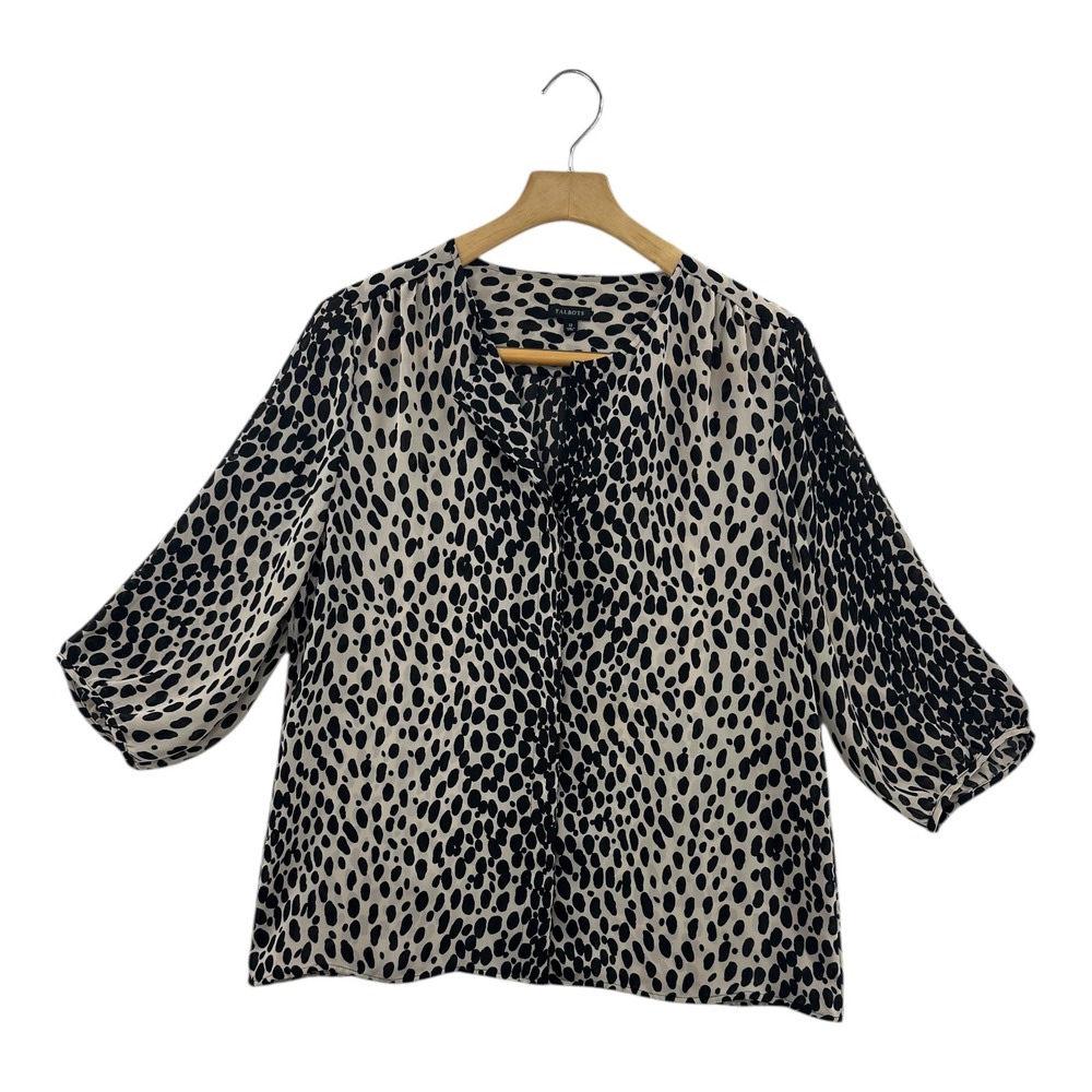 Talbots‎ Womens Size 12 Black Cream Spot Print 3/4 Sleeve Blouse Top Shirt